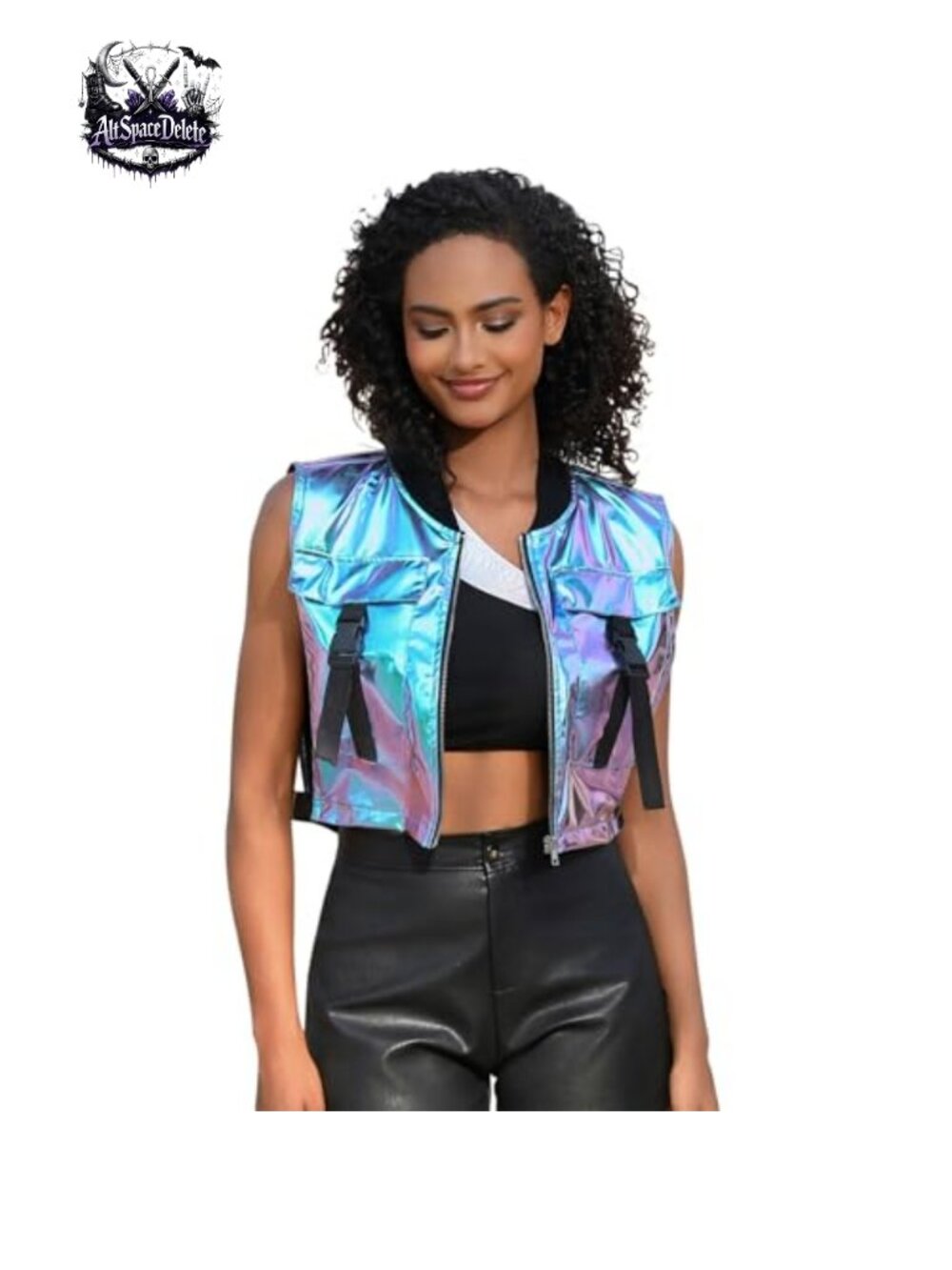 Women's Metallic Cropped Cargo Vest Buckle Zip Up Y2K Cyberpunk Streetwear